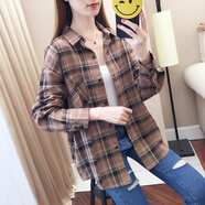 格子衣服女裝格子棉麻夏季女裝上衣春秋季新款polo衫女士韓版長(zhǎng)袖寬松復(fù)古格子襯衫學(xué)生外套 淺棕色-格子襯衫女  XL-格子襯衫女