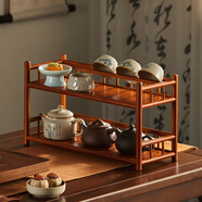 棲草院（QICAOYUAN）茶杯架子桌面置物架茶臺(tái)小博古架茶具擺件茶葉罐中式展示收納架 【中古色】40長雙層杯架帶瀝水