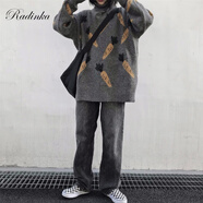 Radinka2024秋冬新款韓版高領(lǐng)拼色毛衣女學(xué)生寬松慵懶風(fēng)百搭針織衫潮上衣 灰色 L
