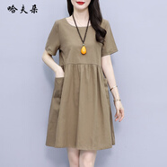 哈夫朵大碼女裝微胖顯瘦連衣裙女夏2023新款大碼女裝寬松顯瘦遮肚裙子女 2248卡其色  3XL建議145斤-160斤