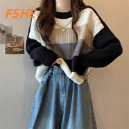 FSHE秋冬2025新款復(fù)古撞色條紋毛衣女日系慵懶風(fēng)軟糯套頭短款修身上衣 黑色[M3135] 均碼