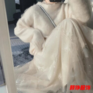 事思長裙女溫柔風四季穿網(wǎng)紗半身裙刺繡中長款高腰顯瘦釘珠百褶仙女裙 杏色 (四季可穿半身裙) S