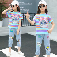 森葩女童套裝夏裝新款洋氣中大童短袖牛仔兩件套夏裝女孩兒童衣服 貓寶寶套裝 150(建議身高145左右)