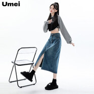 Umei簡(jiǎn)約復(fù)古牛仔半身裙女秋冬季新款高腰a字裙前開叉 復(fù)古藍(lán) S (建議90-100斤)