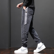 杰柏度工裝休閑褲男士牛仔褲男束腳春夏款寬松彈力大碼修身九分青年長(cháng)褲 2075黑灰常規 4XL 體重180-195斤