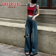 fredrical辣妹破洞牛仔闊腿褲子2025秋季新款韓版大碼寬松顯瘦背帶背帶褲女 藍(lán)色 3XL 【建議140-160斤】