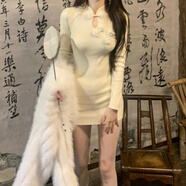 憶靜萱（YIJINGXUAN）新中式毛絨盤口旗袍領(lǐng)長袖連衣裙女秋冬新款國風(fēng)修身顯瘦包臀短裙 主圖款 M 95-105斤