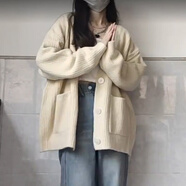 樂(lè)雅秀加厚毛衣針織衫女2025春秋新款韓系上衣寬松慵懶風(fēng)開(kāi)衫外套 杏黃色毛衣 45/55kg/M