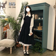 霏楚韓版背帶連衣裙女學(xué)生寬松百搭學(xué)院風(fēng)吊帶背心中長(cháng)裙子顯瘦A字裙 娃娃領(lǐng)襯衫 S