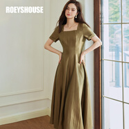 ROEYSHOUSE羅衣高級(jí)亮絲大擺連衣裙女夏季新款優(yōu)雅方領(lǐng)褶皺中長(zhǎng)裙10500 卡其綠 M