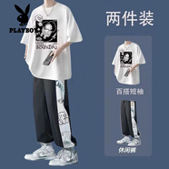 花花公子（PLAYBOY）短袖T恤男裝2024夏季冰絲套裝男生痞帥氣薄款長(cháng)褲青少年兩件套潮 【冰絲套裝】熊仔褲+宇航員白 L 身高168左右/體重110斤左右