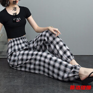 夏天穿的薄款褲子女士時(shí)尚新款年女裝夏季薄款棉綢闊腿褲加褲寬松花褲子 方塊大格 XL (合適110-135斤)