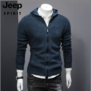 JEEP SPIRIT毛衣男帶帽純色潮韓版修身菠蘿紋路線衣拉鏈毛衫外套男士針織開衫 藍色 M