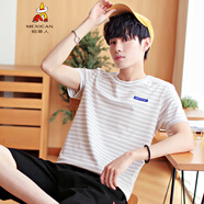稻草人短袖T恤男夏季男式t恤短袖?；觑L(fēng)條紋體恤打底衫圓領(lǐng)?；晟滥惺?杏色16114 L