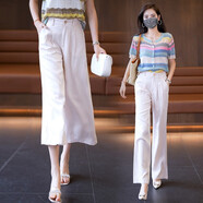 箐箐花天絲亞麻女褲夏季薄款八分闊腿休閑褲子高腰寬松顯瘦棉麻直筒褲潮 米白八分褲 S /26(85-95斤)