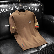 管先生秋冬加厚短袖羊毛衫蜜蜂刺繡針織衫男半袖毛衣時(shí)尚百搭中領(lǐng)打底衫 89026咖色 XL