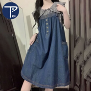 PMOG兩件套裝日系甜美大口袋牛仔背帶連衣裙子女學(xué)生+娃娃領(lǐng)格子襯衫 【套裝】 牛仔背帶裙+格子襯衫 L