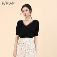 WEWE唯唯夏季新款女裝氣質(zhì)V領(lǐng)網(wǎng)紗拼接優(yōu)雅顯瘦通勤針織衫女 黑色 S(160)