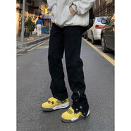迪伽達美式褲子夏季男高街潮彈力黑色牛仔褲男女修身微喇顯瘦情侶褲子男 HWFS-E15黑色 L【建議105-120斤】