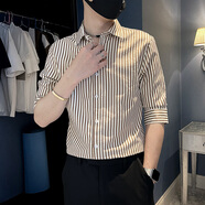 玖臧夏季男士襯衫修身中袖七分袖休閑發(fā)型師條紋襯衣百搭ins個(gè)性上衣 紅條 L