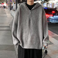 勺府半拉鏈連帽毛衣男冬季加厚日系復古慵懶風(fēng)外套秋冬款高級感針織衫 淺灰色 XL