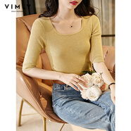 梵希蔓早秋質(zhì)感U型領(lǐng)漏鎖骨針織衫女高彈修身顯瘦上衣半袖打底衫 71068 藤黃色 S