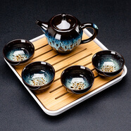 建盞功夫茶具套裝家用窯變天目釉茶杯茶壺茶盤(pán)陶瓷鈞窯沙金泡茶器 5頭（沙金/美人壺）+小四方（條紋）密胺/白