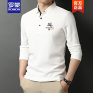 羅蒙（ROMON）男士純棉長(cháng)袖t恤帶領(lǐng)子白色春秋裝寬松刺繡POLO保羅衫打底衫體恤 白色 175/L 適合135-150斤