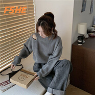 FSHE韓版慵懶風(fēng)露肩針織衫長(zhǎng)袖個(gè)性毛衣女潮小心機(jī)鏤空設(shè)計(jì)感秋冬短款 灰色 M