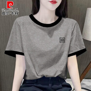 皮爾卡丹撞色減齡上衣歐貨純棉短袖t恤女2025夏季新款灰色正肩寬松體恤潮 灰插黑-線條方格 L 111-125斤