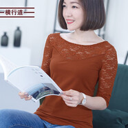 橫行道2024新款蕾絲七分袖一字領(lǐng)黑色中袖打底衫女士t恤上衣半截袖 焦糖 L