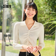 森馬針織衫女短款純色小心機抽繩24春季polo領(lǐng)修身毛衫顯瘦 奶白10501 M