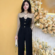 BJORN MOAN春秋新款韓版撞色V領(lǐng)長(cháng)袖連體衣褲套裝百搭休閑氣質(zhì)直筒褲假兩件 黑色撞卡灰 M 建議80-100斤