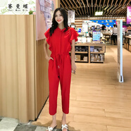 春夏天雪紡連體褲連體褲女可愛(ài)小個(gè)套裝高腰深檔休閑連衣褲 紅色 XL