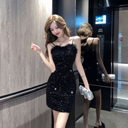 迷詩(shī)迪芙吊帶連衣裙女韓版緊身性感拼接亮片包臀裙秋季純欲風(fēng)黑色小禮服 黑色 S