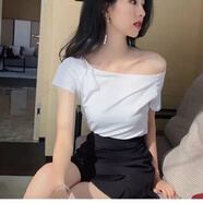 Lauaird 一字肩上衣女短袖春夏修身鎖骨露肩打底衫洋氣一字領(lǐng)性感黑色T恤 白色 L 106-115斤