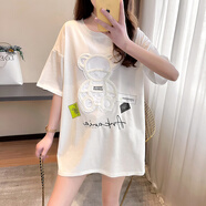 三象鯊（SANXIANGSHA）刺繡日韓中長款夏季印花短袖T恤女同款女裝 白色 M