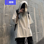 潮陣夏季連帽套頭短袖T恤男寬松半開襟紐扣薄衛(wèi)衣麻棉半袖t體恤帽衫潮 白色WT105 2XL