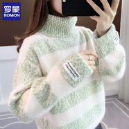 羅蒙（ROMON）羊毛衫女高領(lǐng)條紋毛衣女秋冬2024新款寬松外穿慵懶加絨加厚上衣 綠色 M【95-105斤】