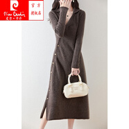 皮爾卡丹（pierre cardin）2024秋冬新款斜襟100%羊毛針織連衣裙開(kāi)衫女韓版羊絨過(guò)膝長(cháng)裙子 摩卡棕 L