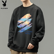 花花公子（PLAYBOY）長(cháng)袖t恤男春秋季新款寬松印花衛衣時(shí)尚潮流簡(jiǎn)約日系百搭款男上衣 黑色 常規 2XL