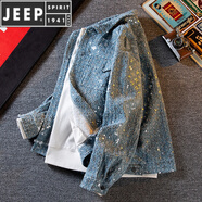 JEEP SPIRIT亮片小香風(fēng)牛仔外套男春秋季感潮牌痞帥炸街寬松休閑夾克男 藍(lán)色曠野美拉德 XL曠野美拉德