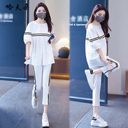 哈夫朵大碼女裝夏季新款韓版寬松t恤女時(shí)尚洋氣運(yùn)動(dòng)服胖人胖mm顯瘦女裝 1406白褲+1832白色上衣【套裝】 2XL 【建議135-150斤】