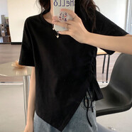 口旋300斤大碼女裝遮肚子不規(guī)則短袖正肩T恤夏季胖mm寬松開叉別致上衣 黑色 4XL 建議210-240斤