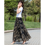 vuzrmm香港潮牌品牌女裝春夏中長(cháng)款大擺半身裙雪紡紗a字裙百褶長(cháng)裙半截垂感裙子 黑底金葉子 XS腰圍1.7-1.8尺