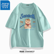 真維斯（JEANSWEST）純棉短袖t恤男女卡通小熊T恤衫青少年學(xué)生胖子半袖寬松情侶上衣服 豆綠（吃貨小熊） 3XL