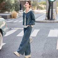 皮爾卡丹（pierre cardin）牛仔套裝女春秋季2024新款寬松休閑兩件套闊腿褲子女士牛仔外套潮 圖片色三件套 L （110-120斤）