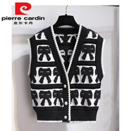 皮爾卡丹（pierre cardin）小香風(fēng)黑色打底針織連衣裙女秋冬修身顯瘦純色百搭網(wǎng)紗拼接毛衣裙 蝴蝶結(jié)馬甲黑色 均碼 85-135斤