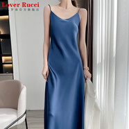 LOVER RUCCI桑蠶絲吊帶連衣裙女夏內搭打底黑白色醋酸緞面真絲綢中長(cháng)款v領(lǐng) 藍色 L