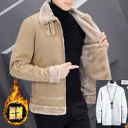 皮爾卡丹（pierre cardin）冬季鹿皮絨外套男短款夾克皮毛一體加絨加厚羊羔毛麂皮夾克機(jī)車服 卡其色(白毛衣) M